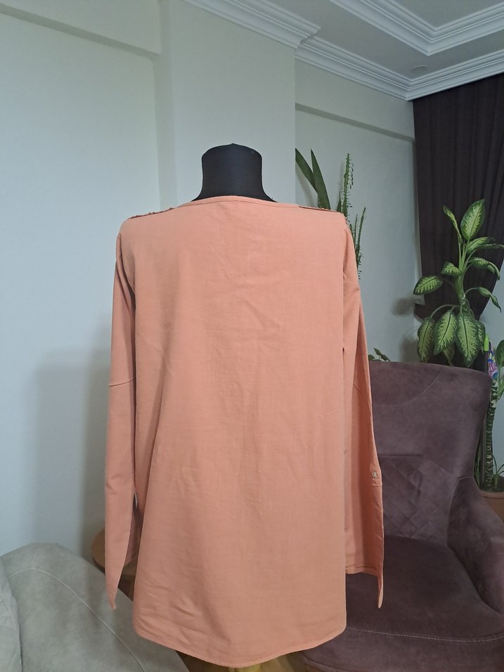 Kiremit V Yaka Uzun Kollu Kadın Bluz - Görsel 2