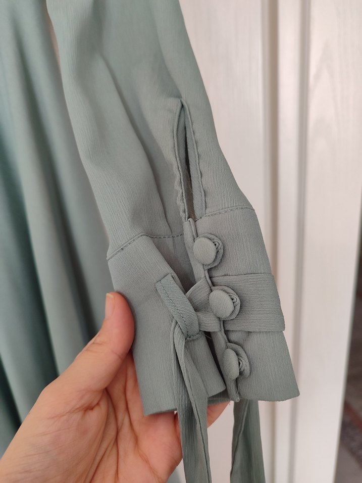 Bej Uzun Kemerli Modern Klasik Elbise - Görsel 2