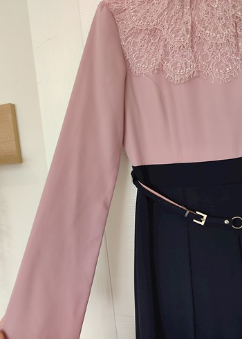 Pembe Siyah Uzun Kollu Uzun Elbise - Görsel 5