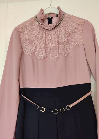 Pembe Siyah Uzun Kollu Uzun Elbise - Görsel 4