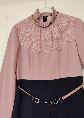 Pembe Siyah Uzun Kollu Uzun Elbise - Görsel 3