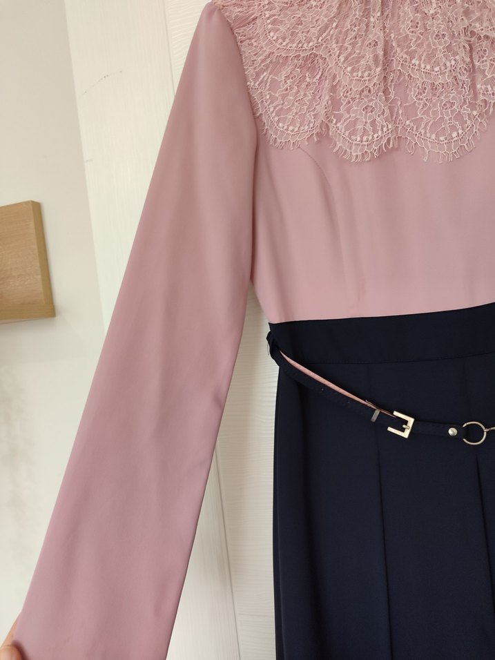 Pembe Siyah Uzun Kollu Uzun Elbise - Görsel 5