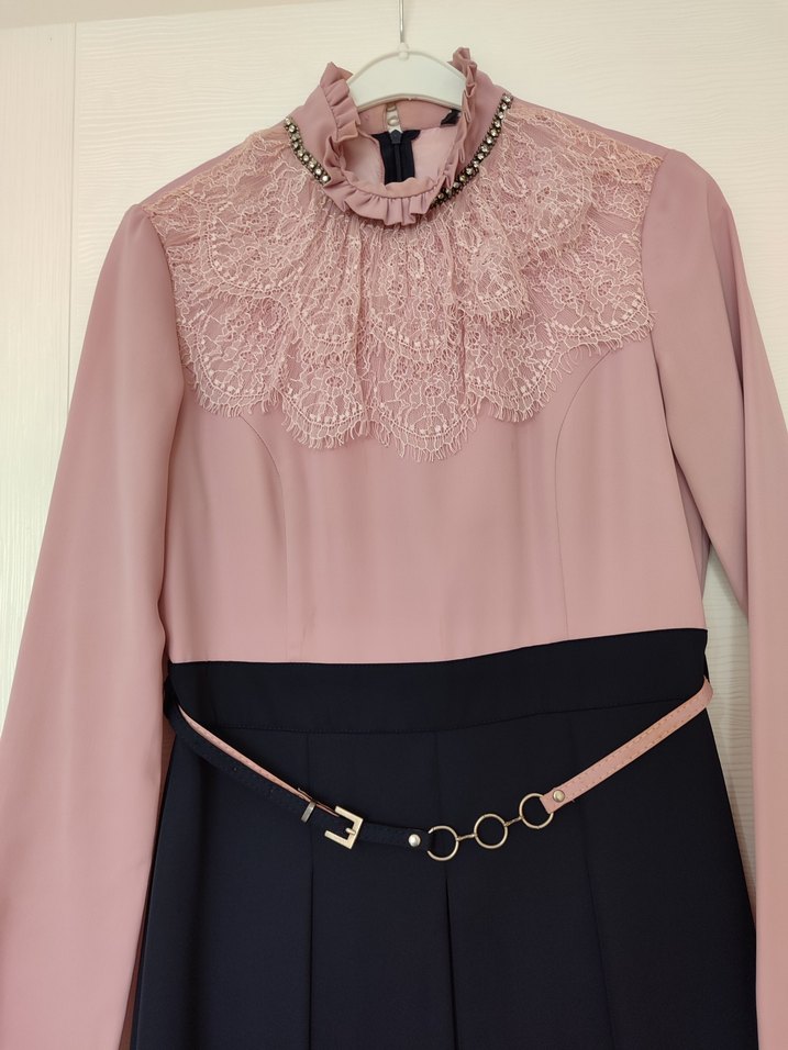 Pembe Siyah Uzun Kollu Uzun Elbise - Görsel 4