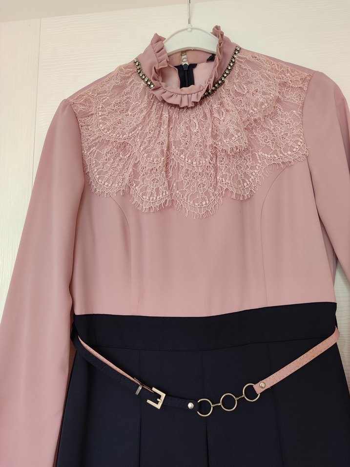 Pembe Siyah Uzun Kollu Uzun Elbise - Görsel 3