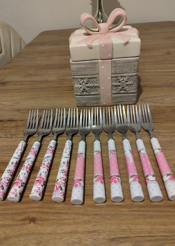 Pembe Çiçekli 10'lu Tatlı Çatalı Seti - Görsel 3