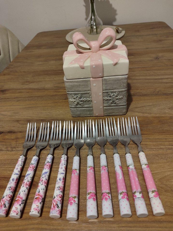 Pembe Çiçekli 10'lu Tatlı Çatalı Seti - Görsel 2