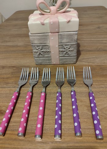 Puantiyeli Pembe ve Mor Tatlı Çatal Seti - Görsel 4