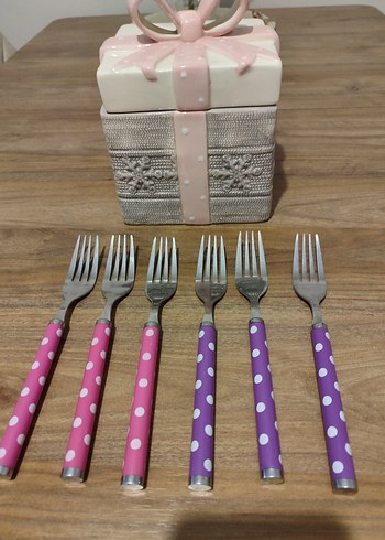 Puantiyeli Pembe ve Mor Tatlı Çatal Seti - Görsel 2