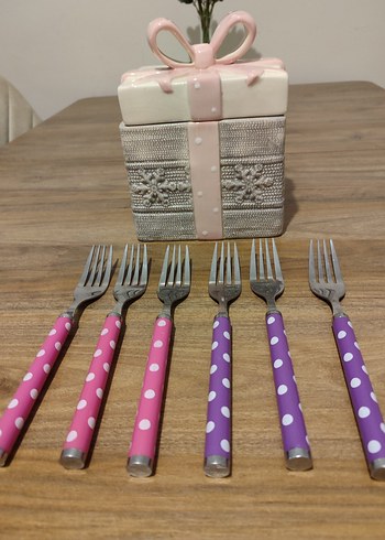 Puantiyeli Pembe ve Mor Tatlı Çatal Seti - Görsel 3