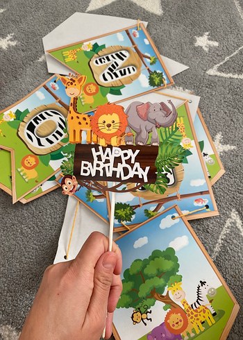 Renkli Doğum Günü Partisi Afişi pasta süsü peçete Safari