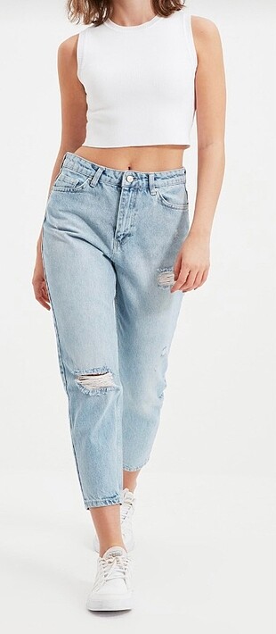Mavi petite Yırtık Detaylı yüksek bel Mom Jeans