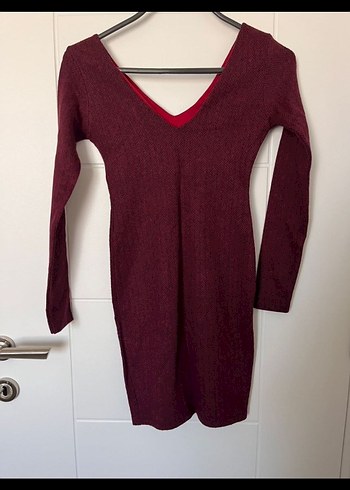 Bordo V Yaka Triko Kadın Elbise - Görsel 2