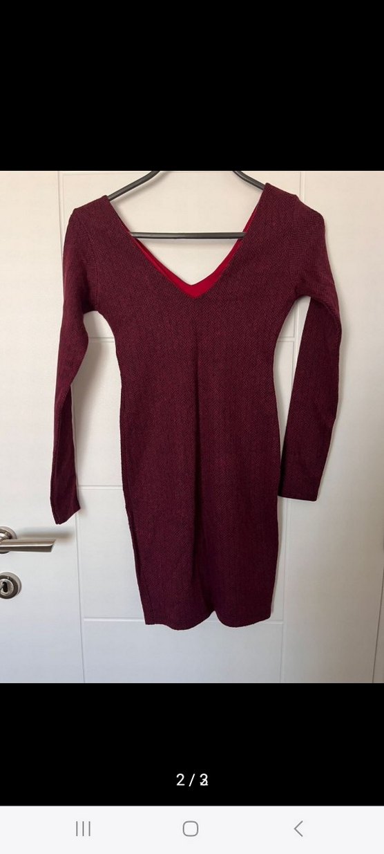 Bordo V Yaka Triko Kadın Elbise - Görsel 2
