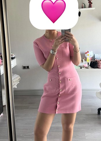 Zara Dore Düğmeli Pembe Triko Elbise - Görsel 2