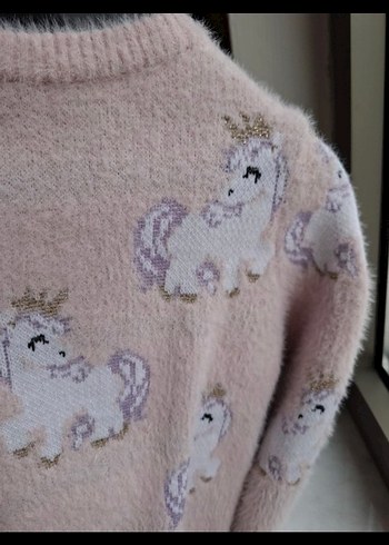 6 Yaş Beden pembe Renk Kız Çocuk Pembe Unicorn Desenli Triko Sweatshirt