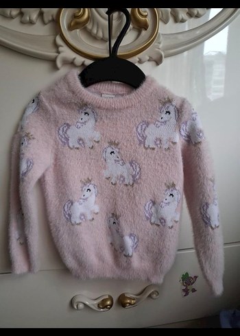 Kız Çocuk Pembe Unicorn Desenli Triko Sweatshirt
