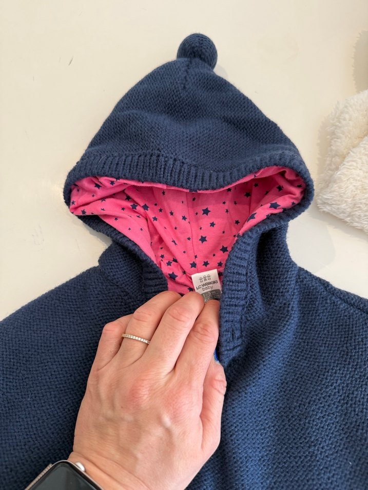 Kapüşonlu Mavi Kız Çocuk 1/3 ay Triko Panço - Görsel 2