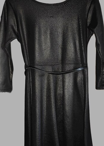 Siyah Deri Görünümlü Kemerli Kadın Elbise - Görsel 3