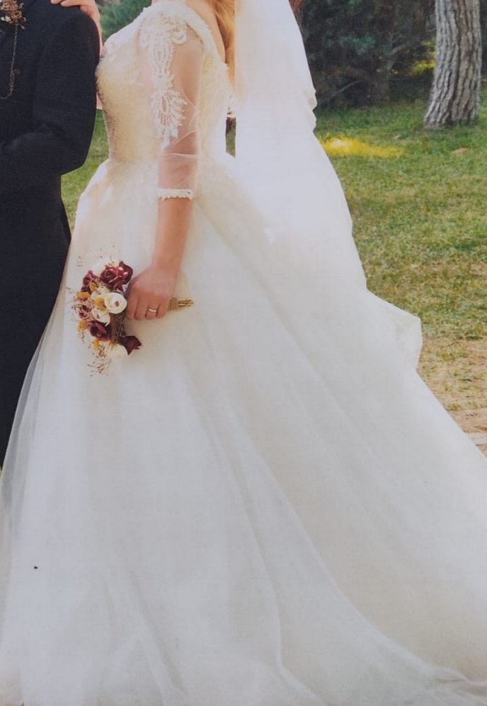 Vintage Prenses Gelinlik, Uzun, Tekne Yaka - Görsel 2