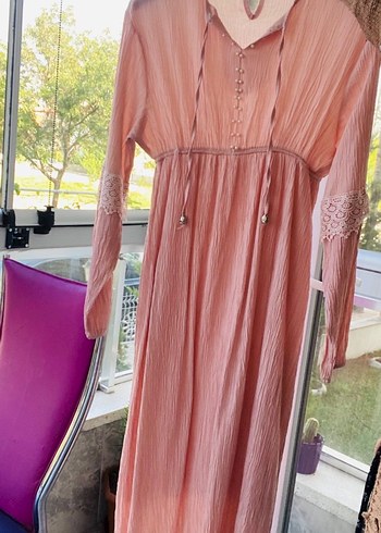 Pembe Uzun Kollu Bohem Nakışlı Elbise