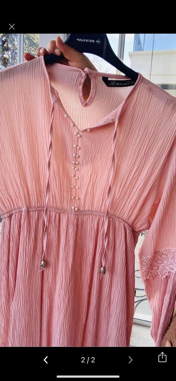 Pembe Uzun Kollu Bohem Nakışlı Elbise - Görsel 2