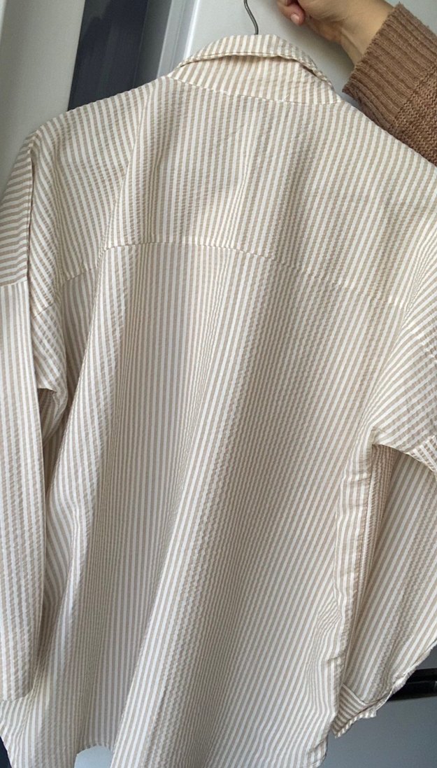 Düğmeli Bej Gri Çizgili Keten Gömlek - Görsel 2