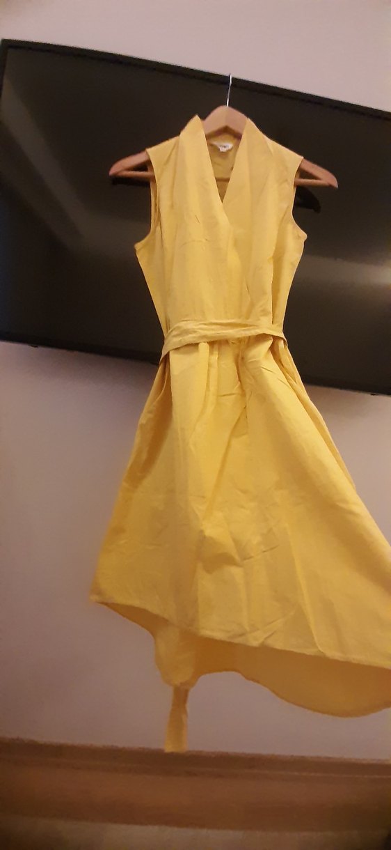 Sarı Drapeli V Yakalı Midi elbise - Görsel 3