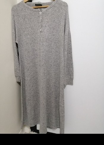 Gri Uzun Kollu Rahat Kesim Elbise ince triko elbise - Görsel 3