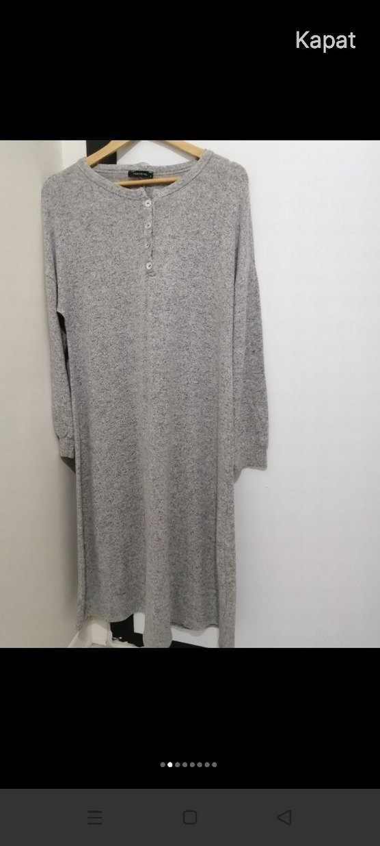 Gri Uzun Kollu Rahat Kesim Elbise ince triko elbise - Görsel 3