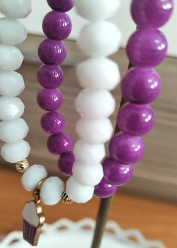 Mor ve Beyaz Boncuklu Kadın Bileklik Seti - Görsel 4