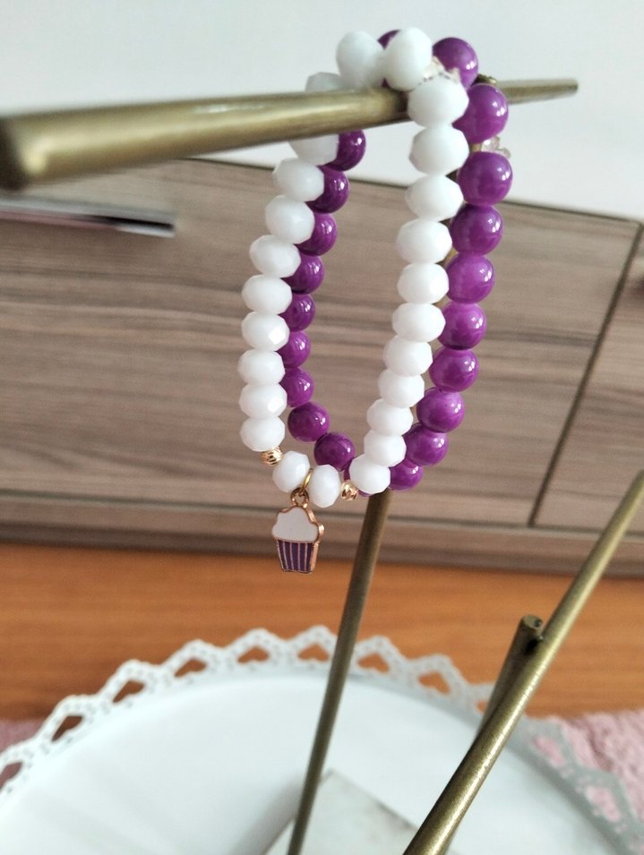Mor ve Beyaz Boncuklu Kadın Bileklik Seti - Görsel 5