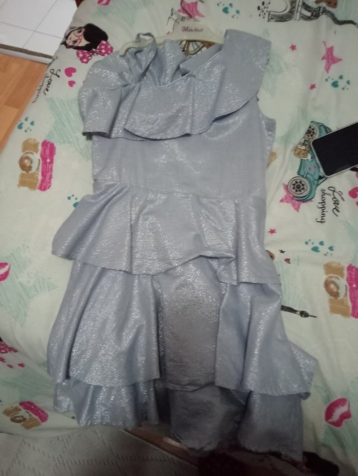 Kız Çocuk Gri Fırfırlı Askısız Elbise - Görsel 3