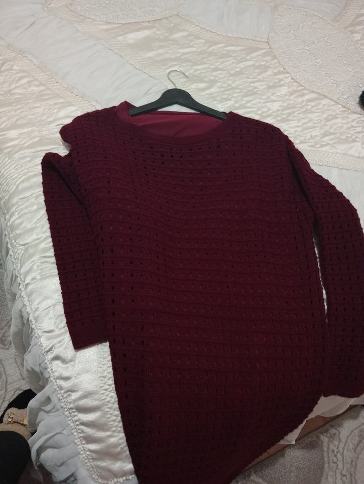 Bordo Uzun Kollu Triko Elbise - Görsel 4