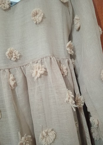 Bej Uzun Kollu Kadın Keten Elbise - Görsel 6