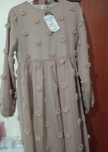 Bej Uzun Kollu Kadın Keten Elbise - Görsel 3