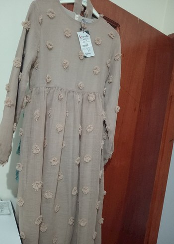 Bej Uzun Kollu Kadın Keten Elbise - Görsel 4