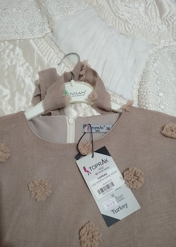 Bej Uzun Kollu Kadın Keten Elbise - Görsel 7