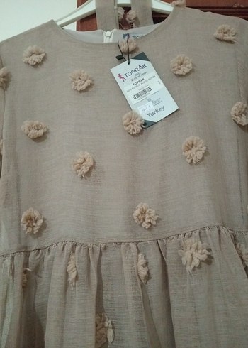 Bej Uzun Kollu Kadın Keten Elbise - Görsel 2