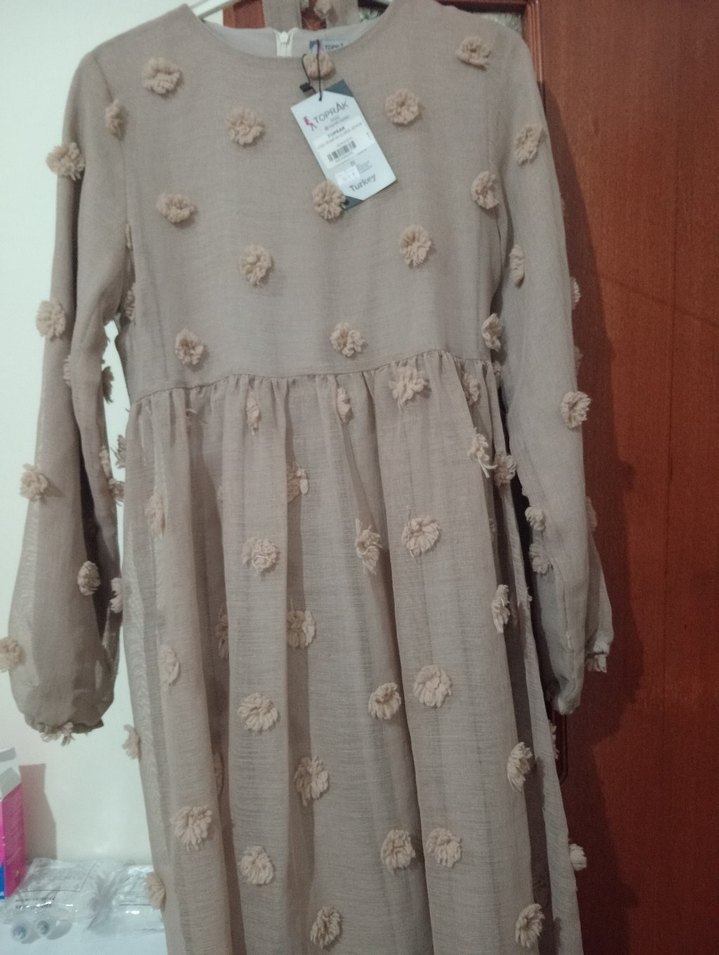 Bej Uzun Kollu Kadın Keten Elbise - Görsel 3