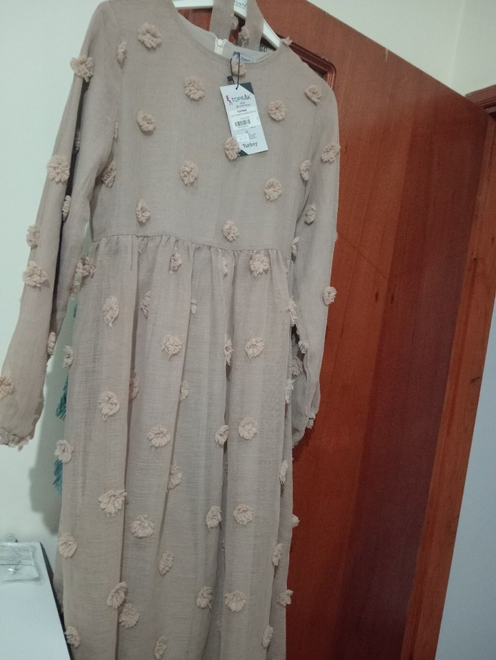 Bej Uzun Kollu Kadın Keten Elbise - Görsel 4