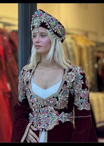 Bordo İşlemeli Uzun Kadın Kına Elbisesi kaftan - Görsel 2