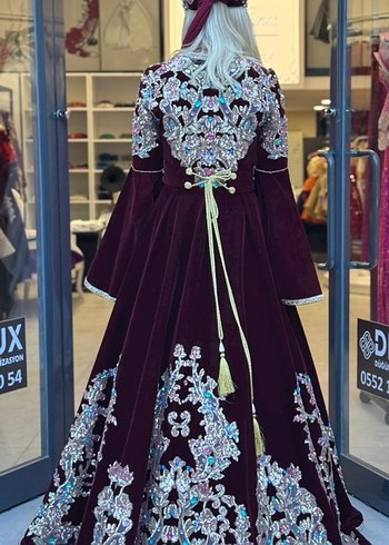 Bordo İşlemeli Uzun Kadın Kına Elbisesi kaftan - Görsel 3