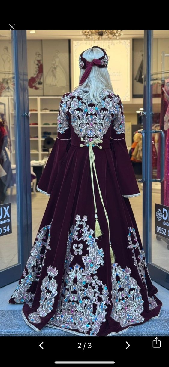 Bordo İşlemeli Uzun Kadın Kına Elbisesi kaftan - Görsel 3