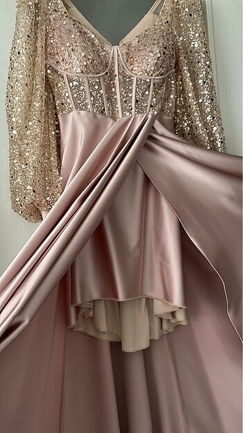 Bej balon kol v yaka nişan abiye - Görsel 7