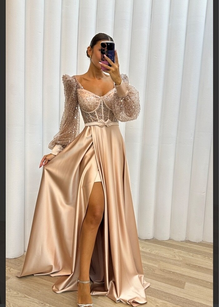 Bej balon kol v yaka nişan abiye - Görsel 2