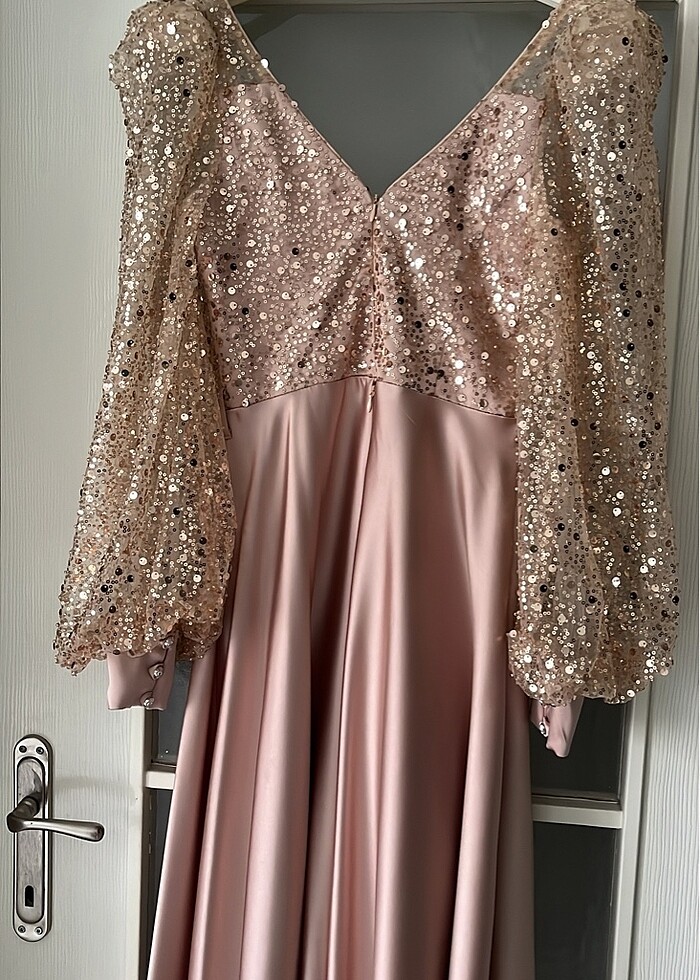 Bej balon kol v yaka nişan abiye - Görsel 4