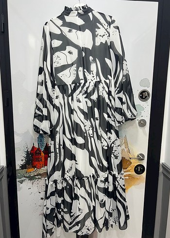 40 Beden Zebra Desenli Uzun Kollu Bohem Elbise