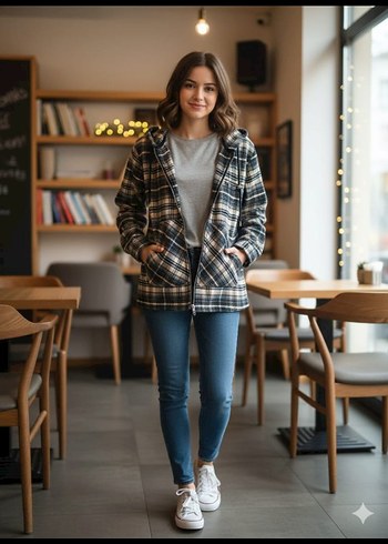 Gri Ekose Desenli Fermuarlı Kadın Sweatshirt - Görsel 4