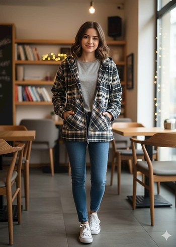 Gri Ekose Desenli Fermuarlı Kadın Sweatshirt - Görsel 3