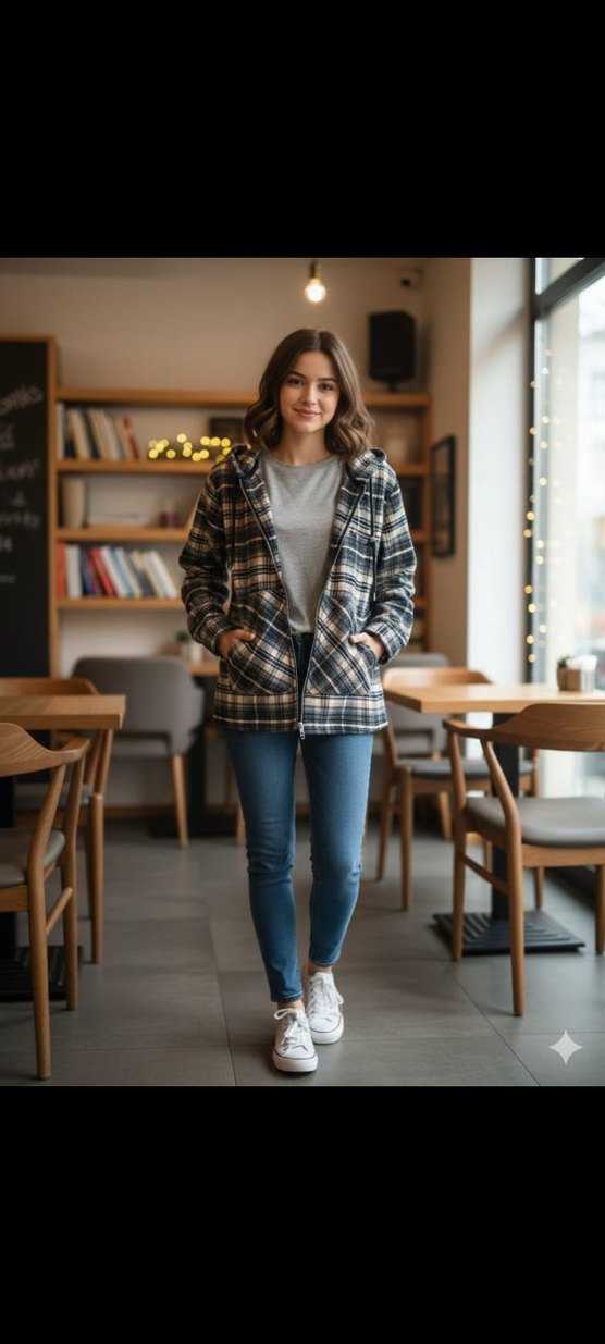 Gri Ekose Desenli Fermuarlı Kadın Sweatshirt - Görsel 4